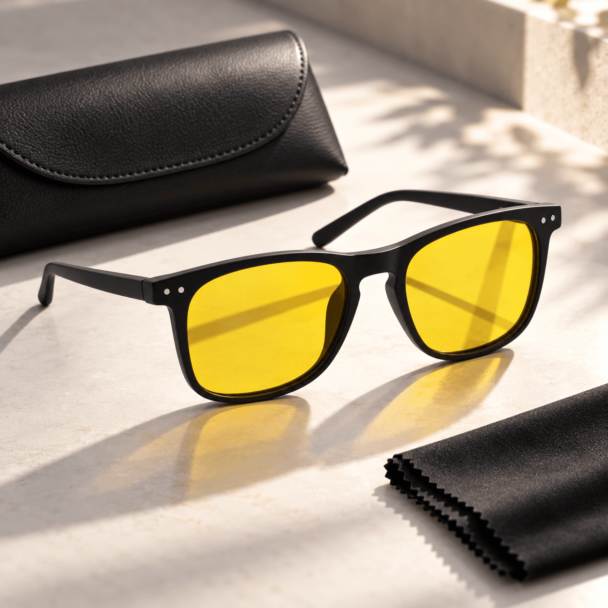 Blue Ben glasses with a leather case and cleaning cloth, flat-lay lifestyle