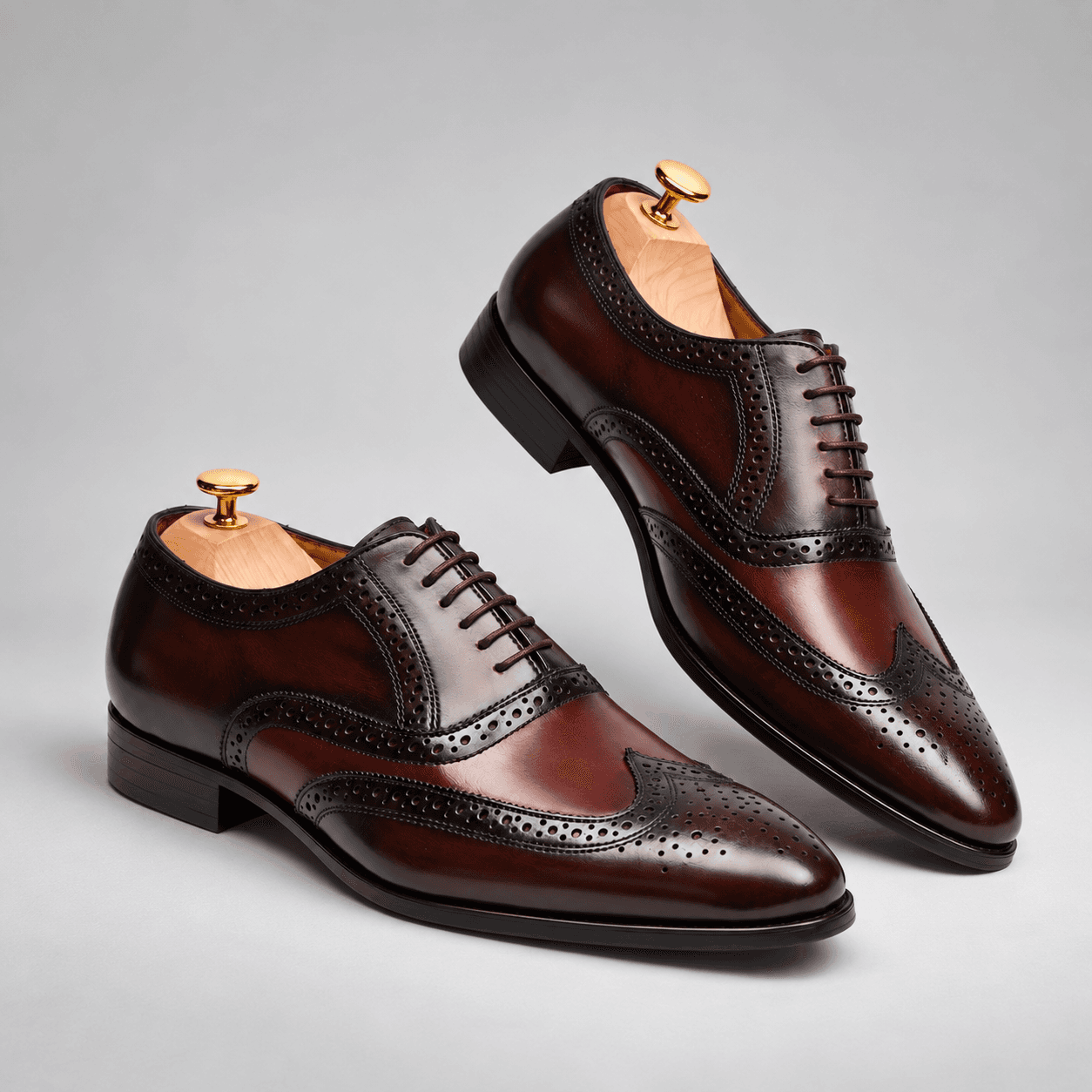 Gomilla burgundy leather brogues, angled studio shot