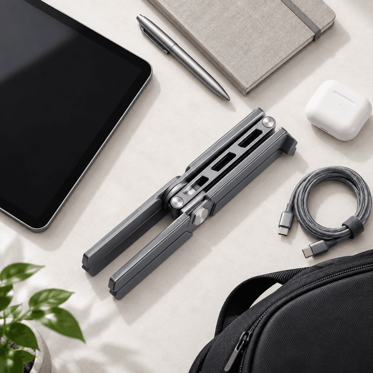 Innovio foldable laptop stand folded flat on a desk with tech accessories, flat-lay