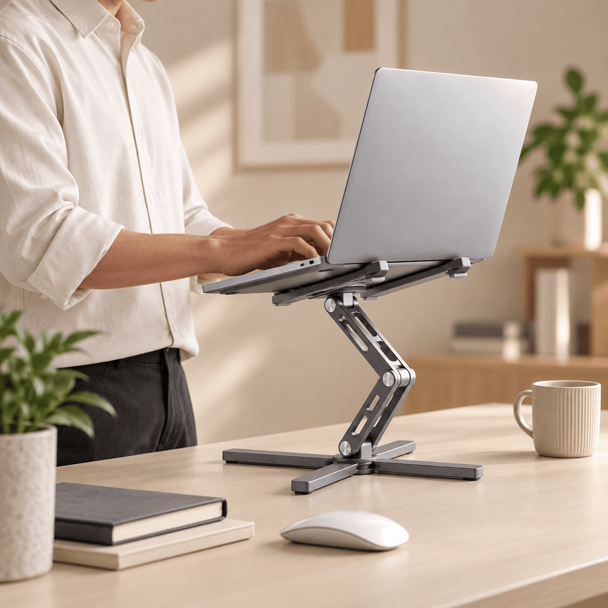 Laptop raised on the Innovio foldable stand, lifestyle product photo