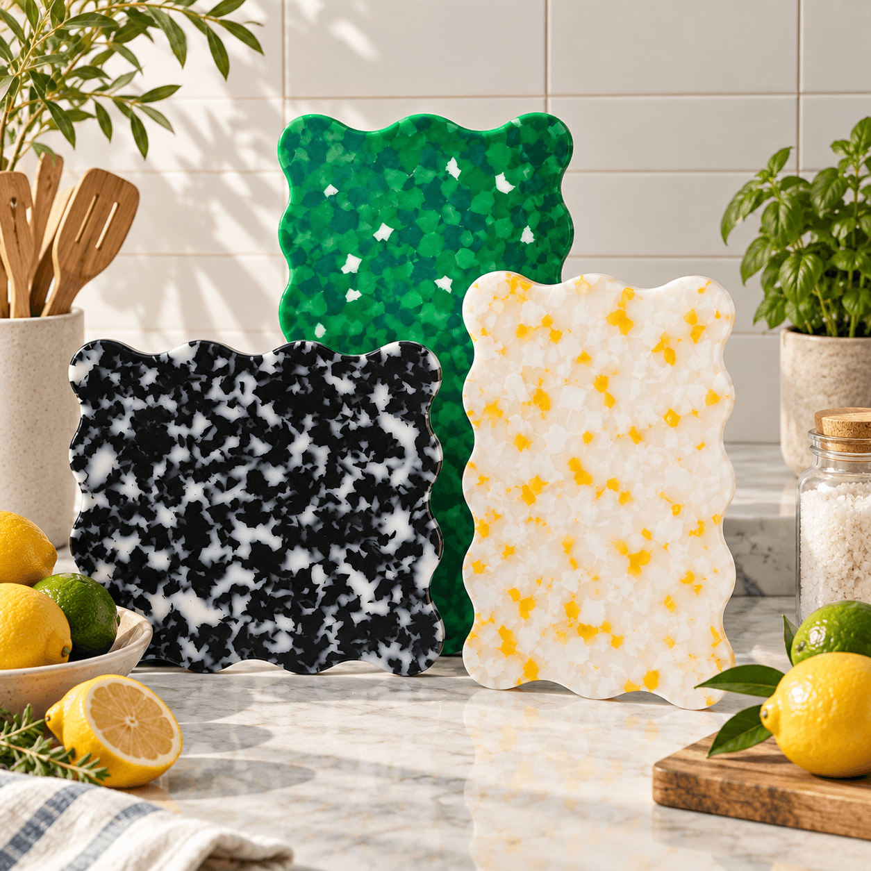 Three Kiyomi speckled cutting boards on a counter