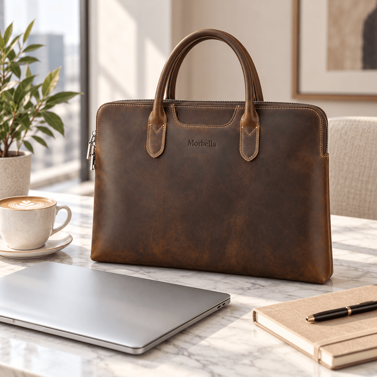 Morbella leather briefcase styled on a marble desk with a laptop and coffee, lifestyle photo