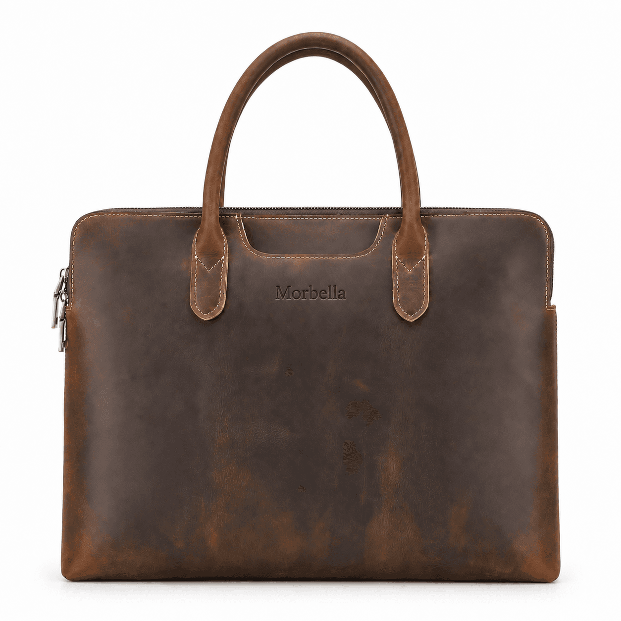 Morbella brown leather laptop briefcase, front product shot with embossed logo