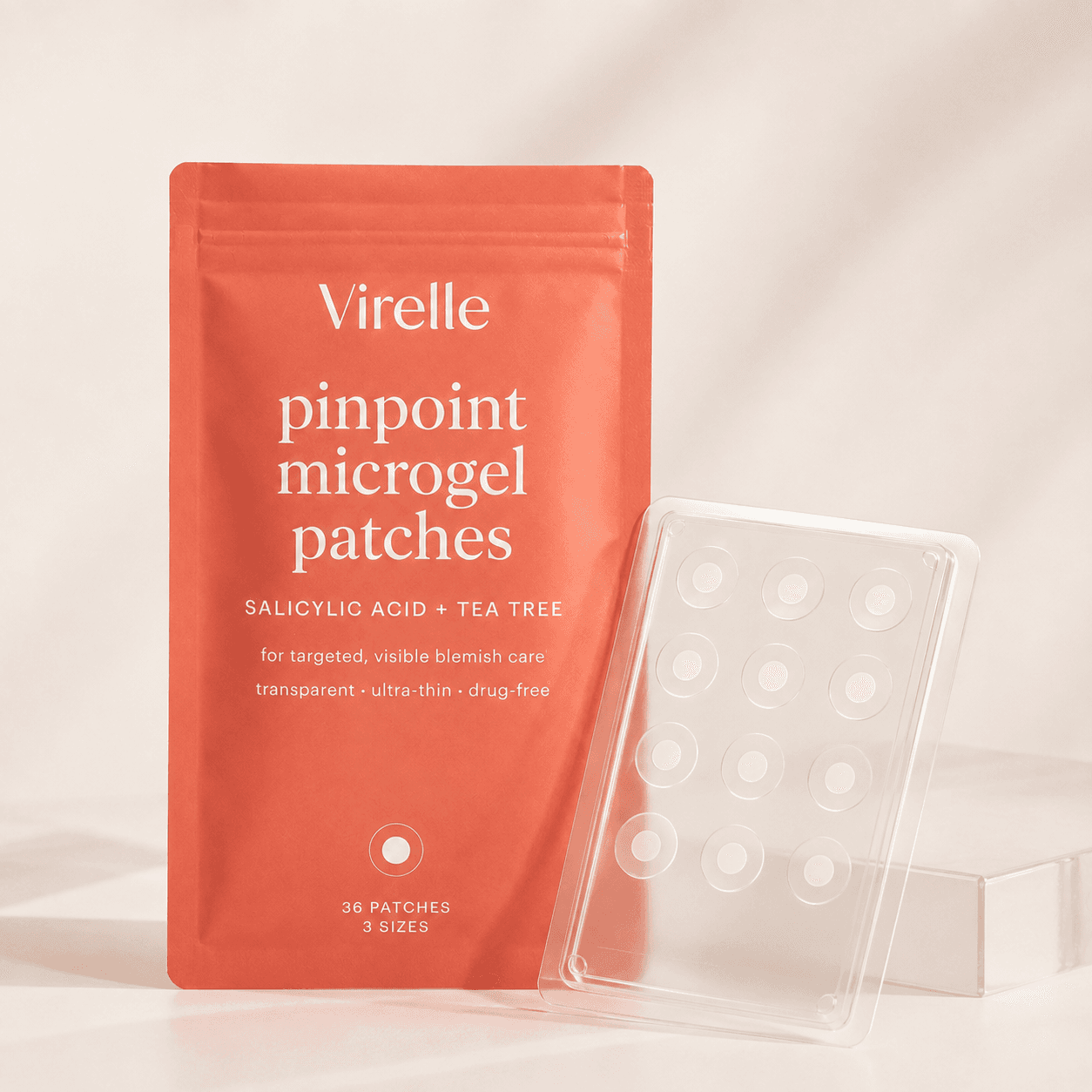 Virelle pinpoint microgel patches pouch and patch tray on a soft cream set