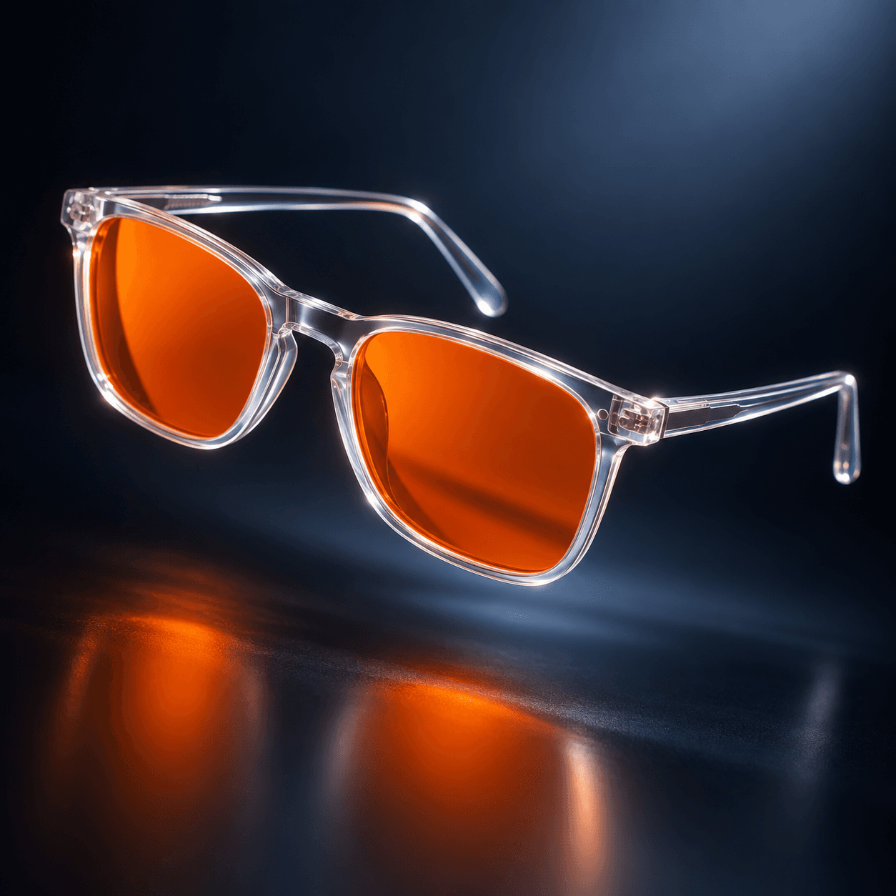 Blue Ben clear-frame glasses with orange lenses on a dark dramatic background