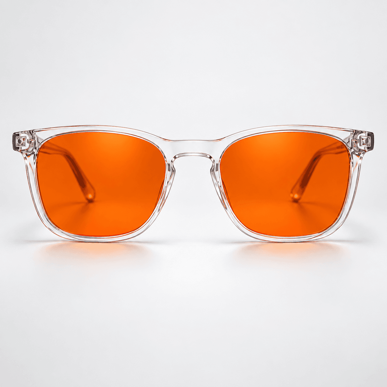 Blue Ben clear-frame glasses with orange lenses, front product shot on white