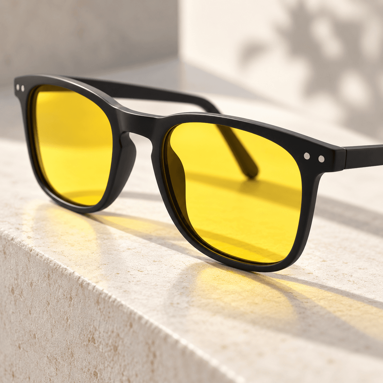 Close-up of Blue Ben glasses on stone with dappled light