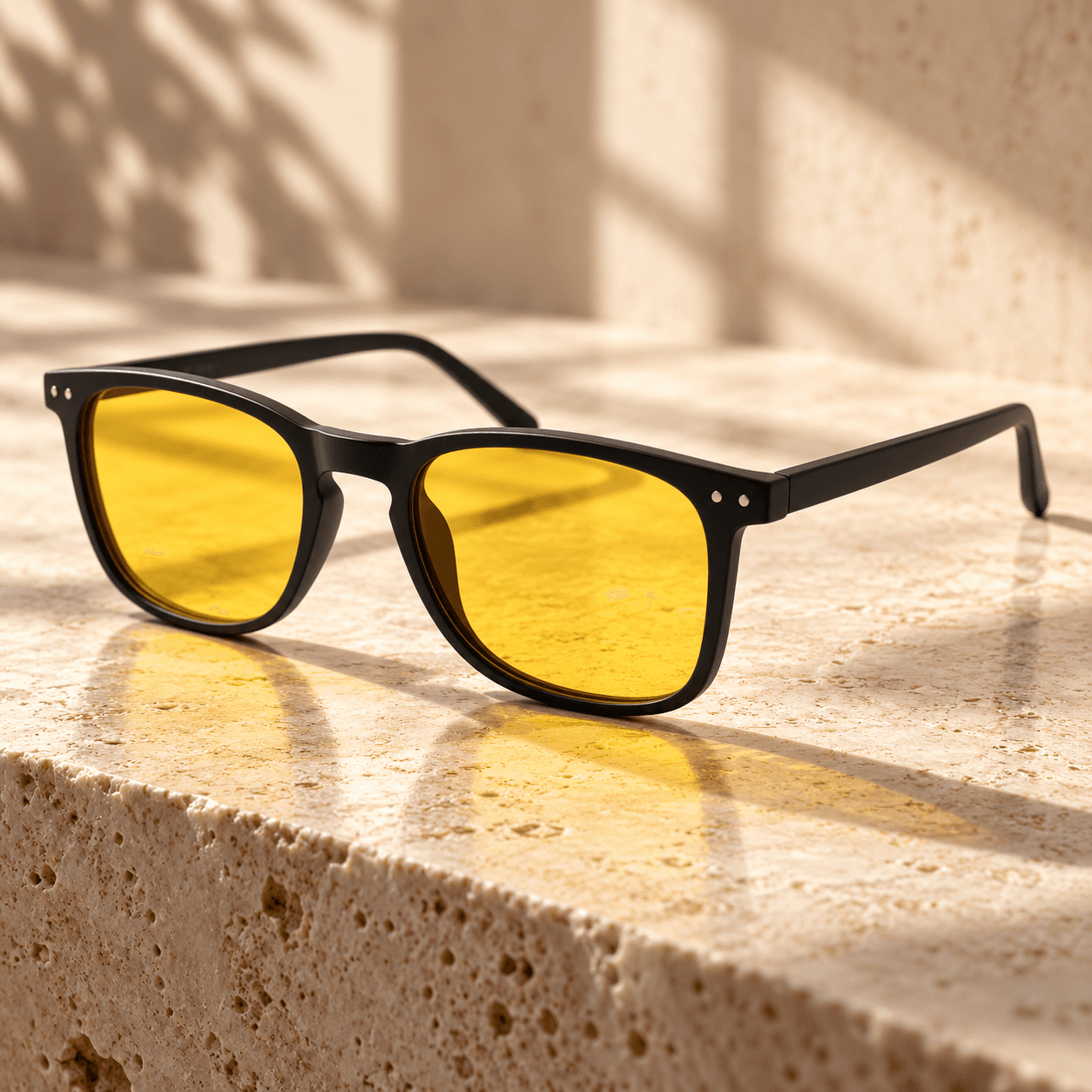 Blue Ben yellow-lens glasses on a travertine step in sunlight, lifestyle product photo