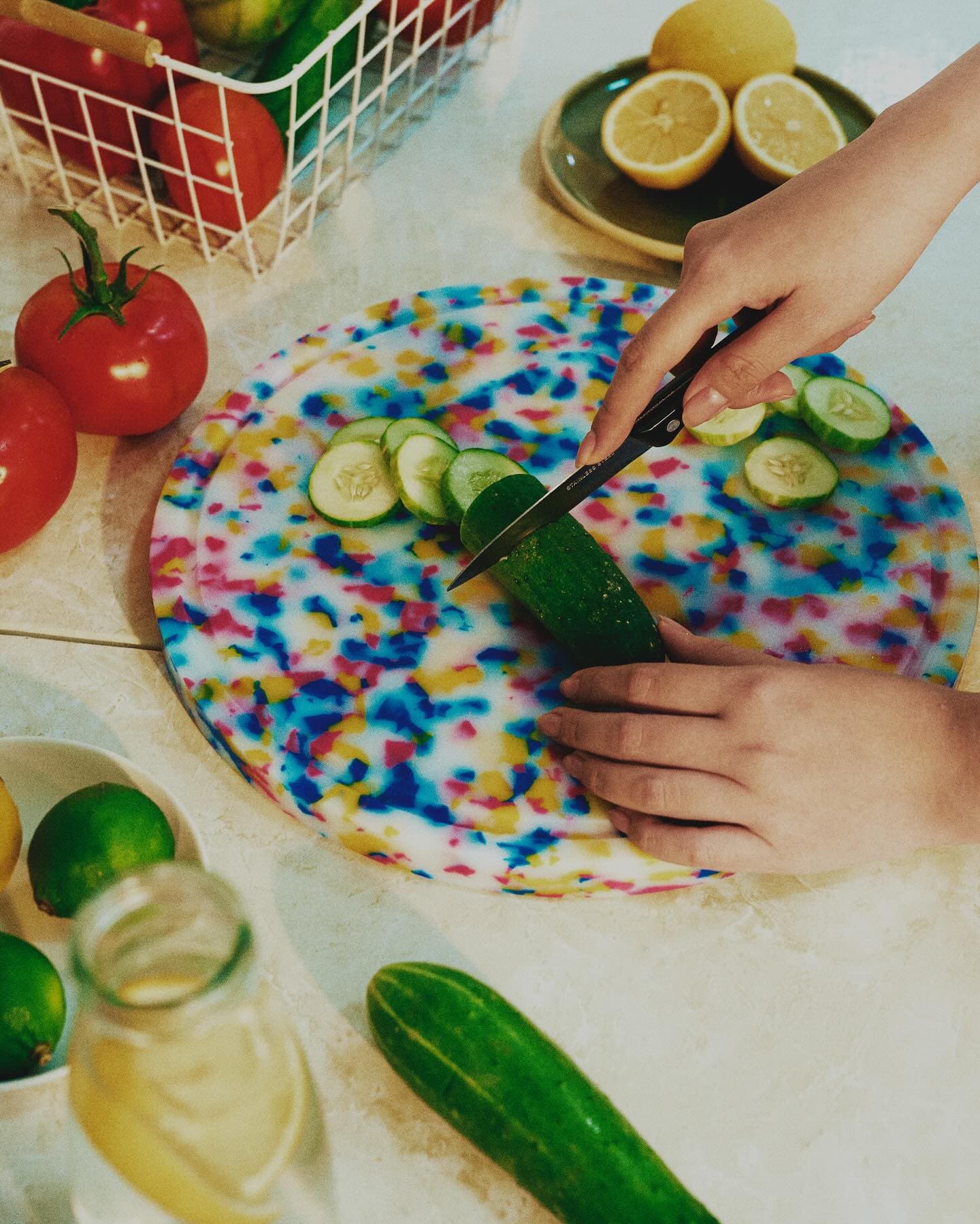 Cucumber sliced on a terrazzo plate