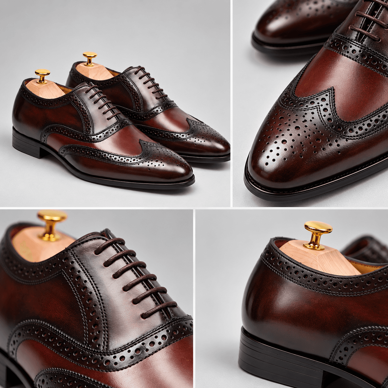 Detail grid of the Gomilla brogue's leather, brogueing and stitching
