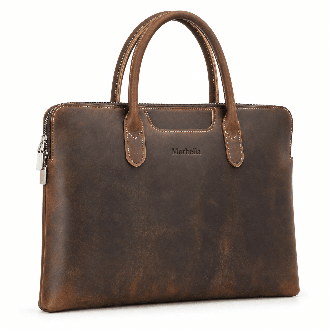 Morbella leather briefcase at a three-quarter angle on a white background