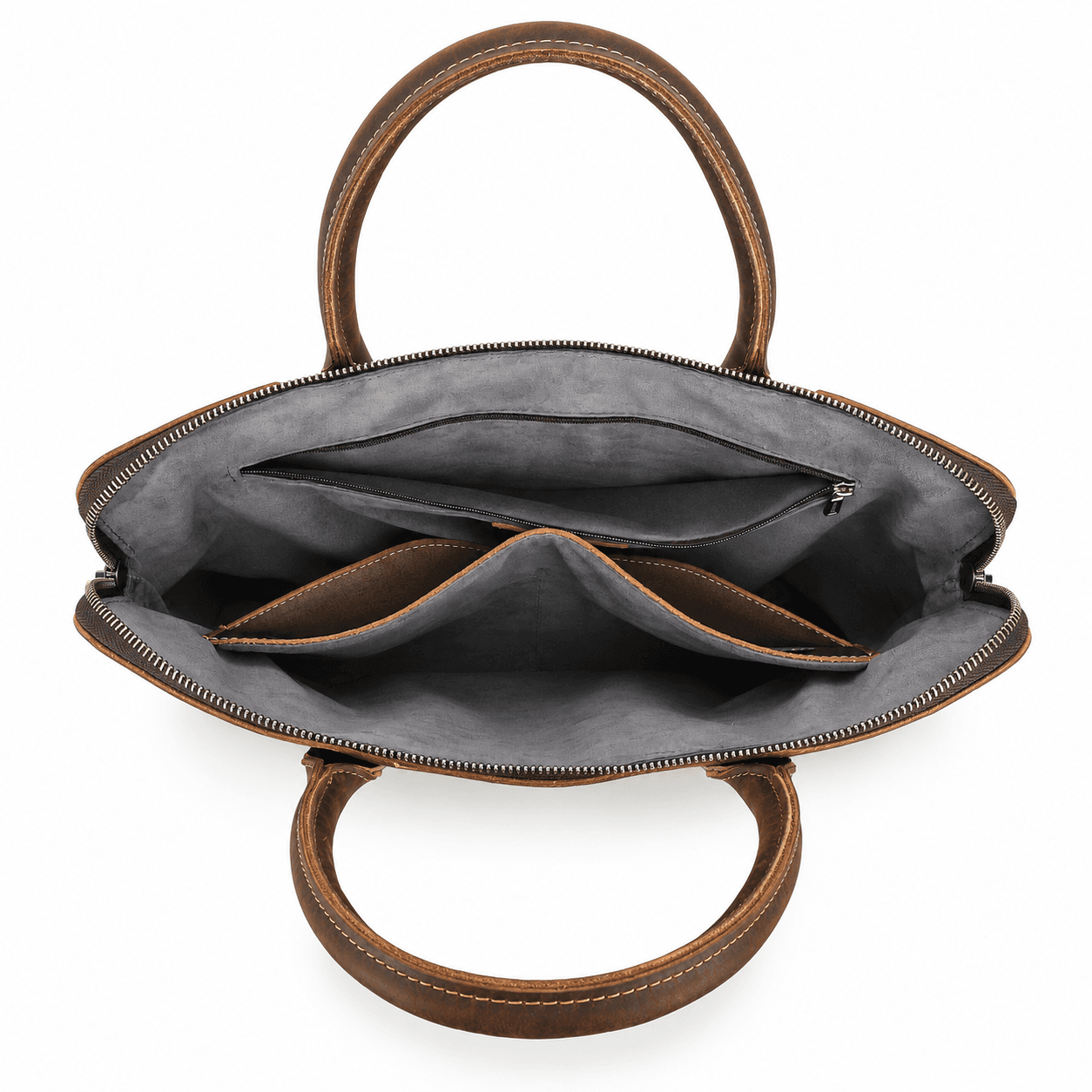 Morbella leather briefcase open from above showing the padded compartments