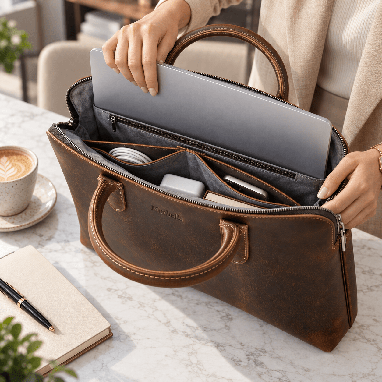 Sliding a laptop into the Morbella leather briefcase on a marble desk, in-use photo