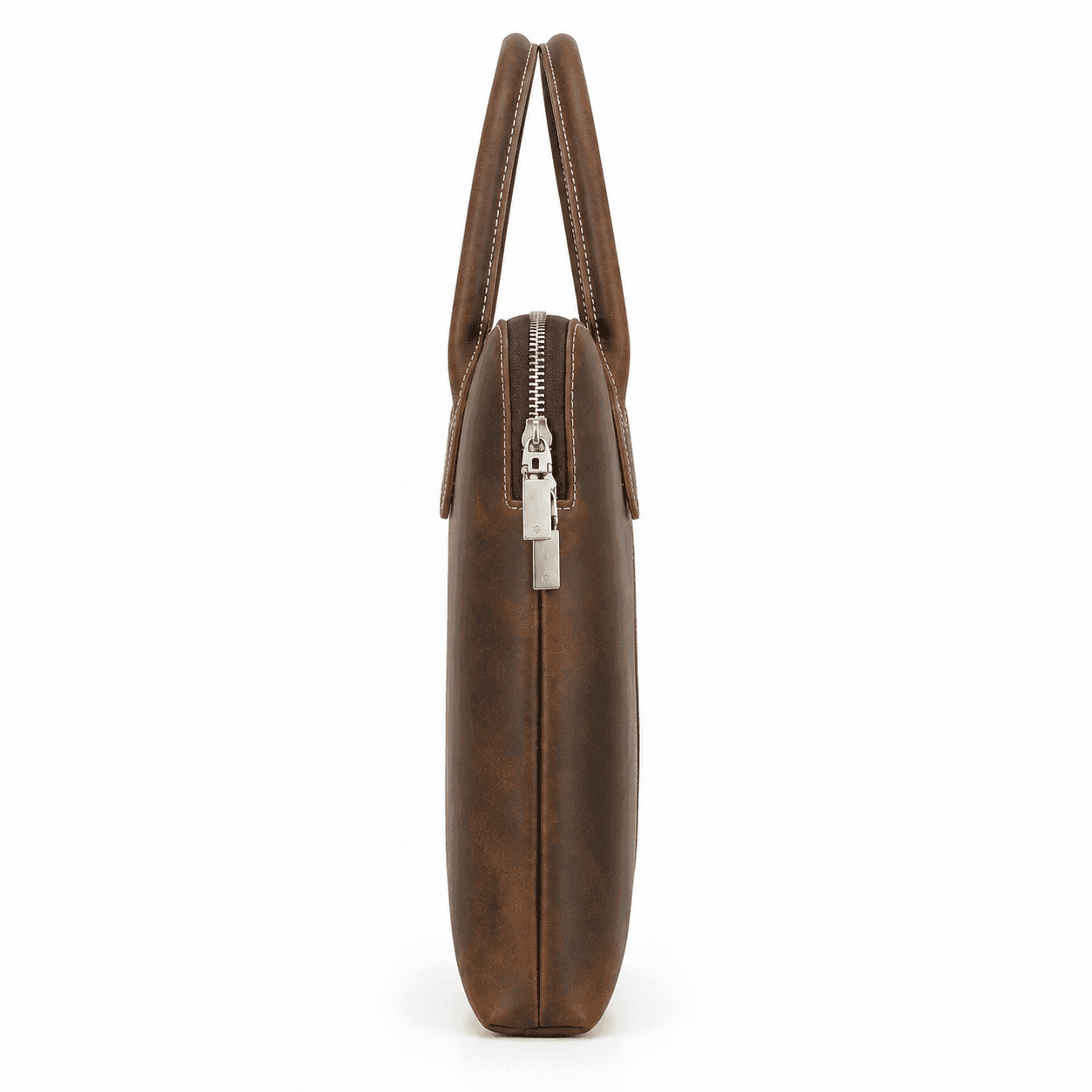 Side profile of the Morbella leather briefcase showing its slim shape