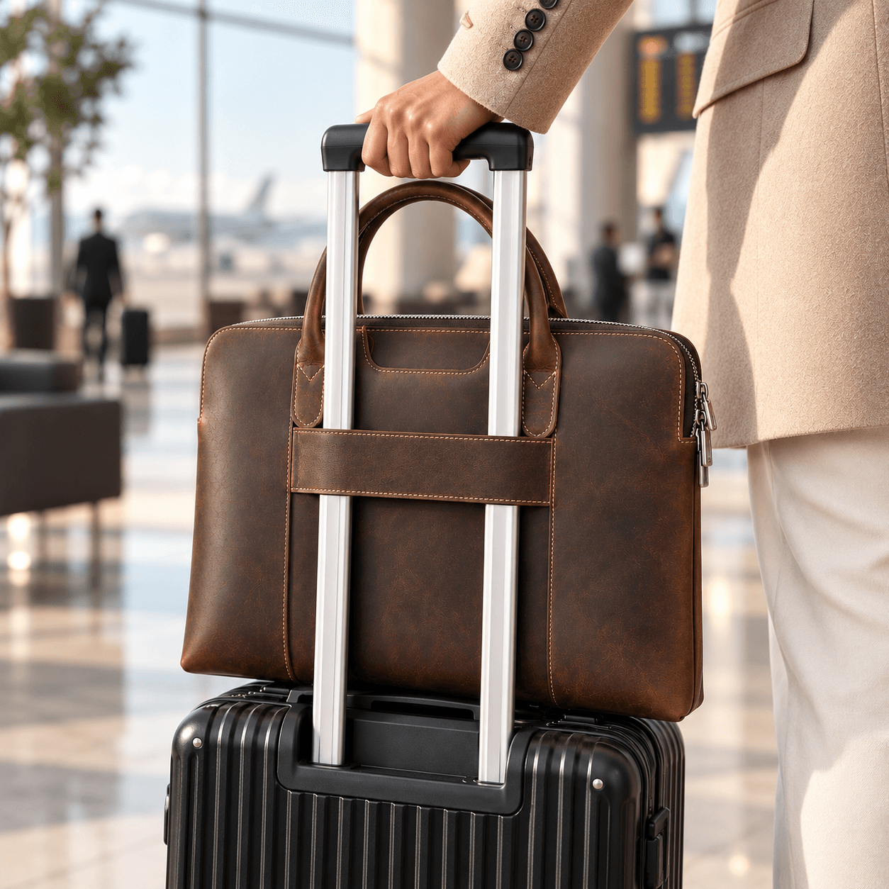 Morbella leather briefcase resting on a suitcase at the airport, travel lifestyle photo