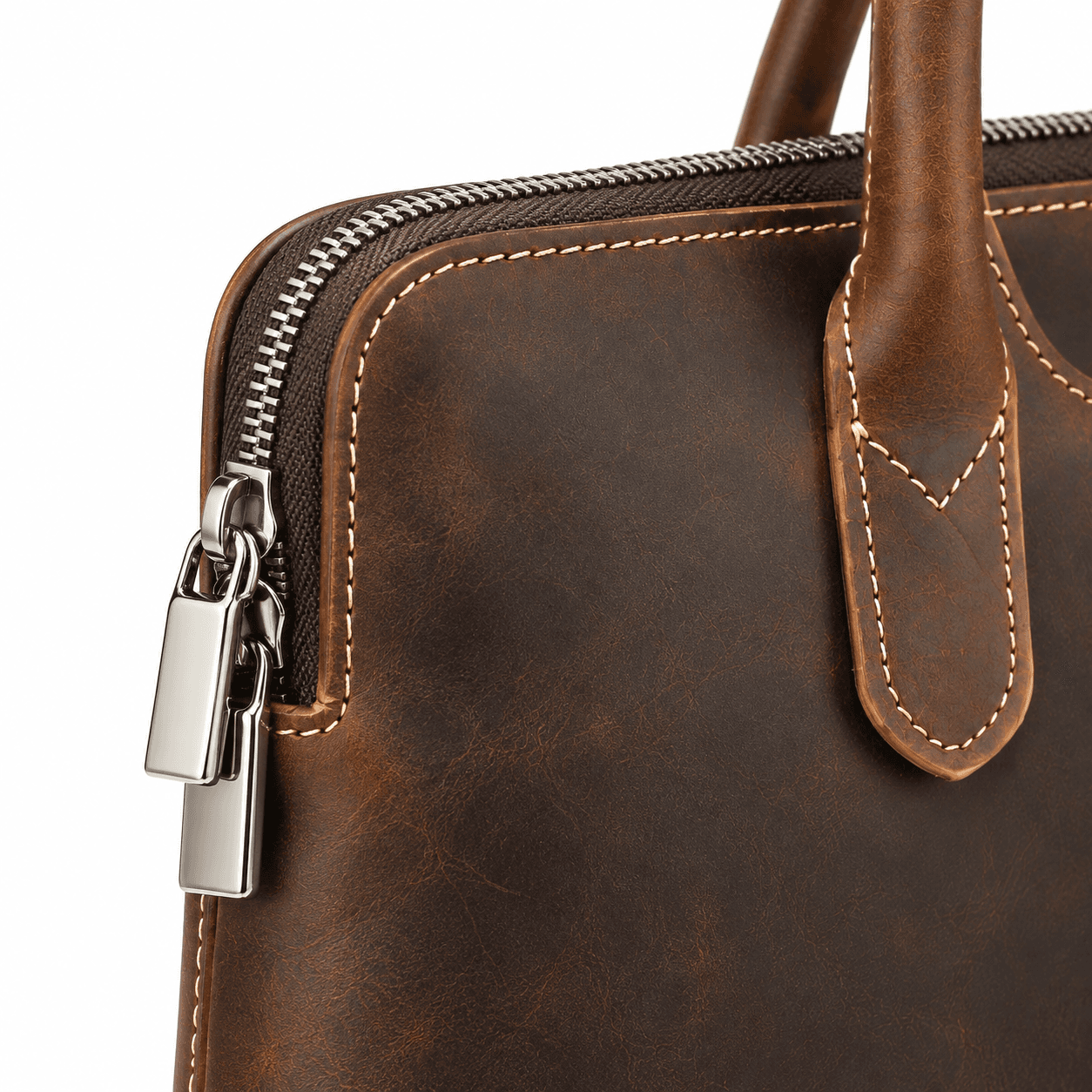 Macro detail of the Morbella briefcase zipper pulls and stitching