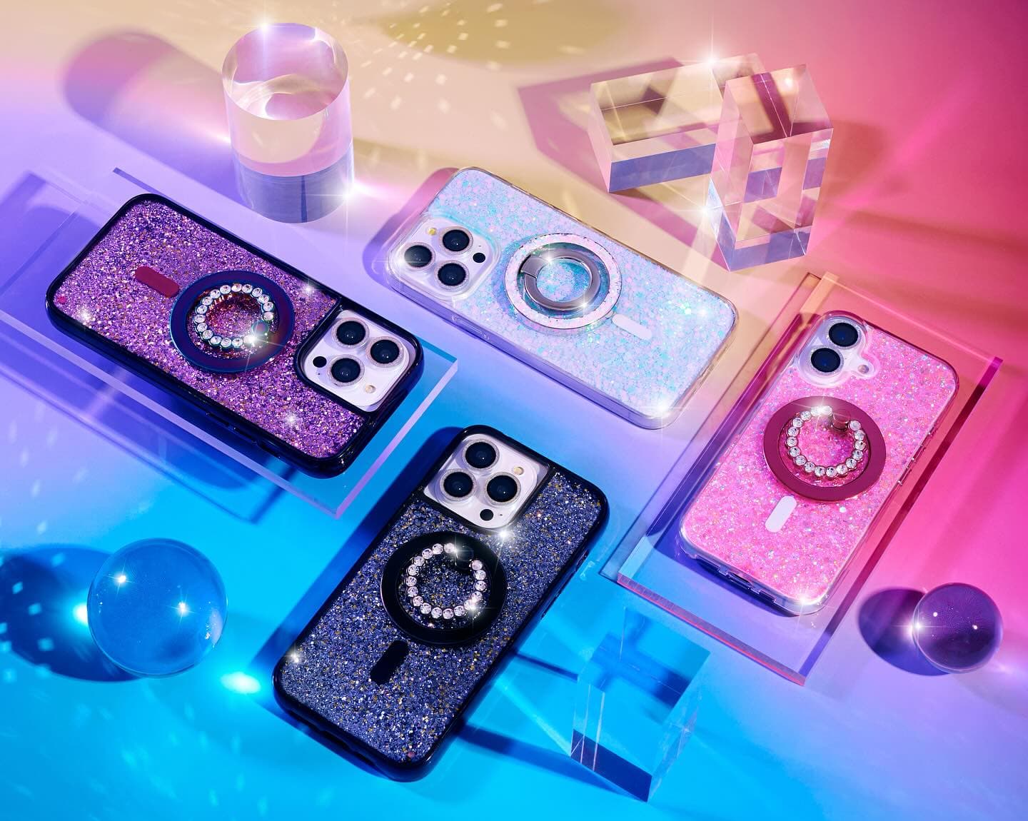 Collection of glitter phone cases, styled product photo