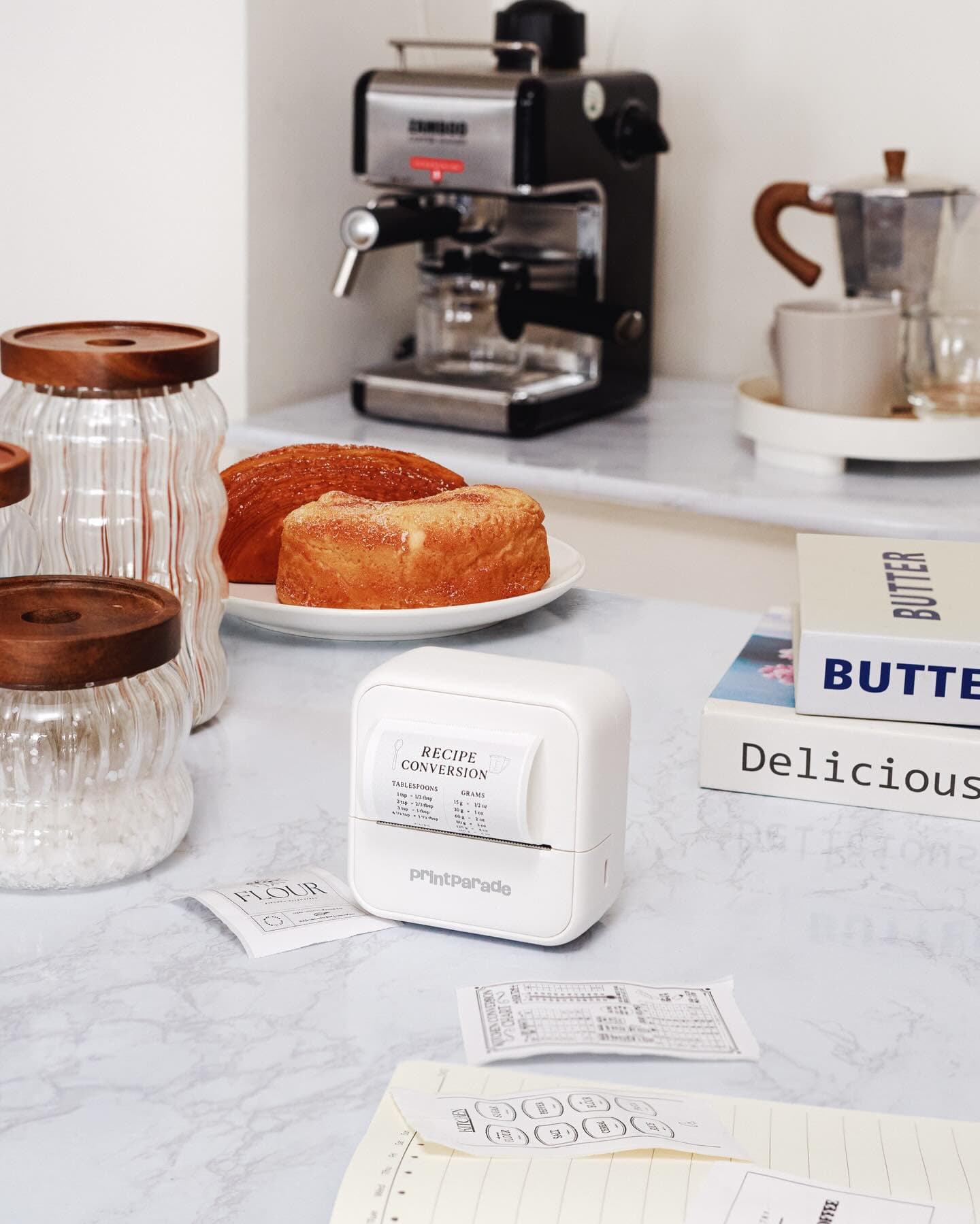 printParade thermal printer printing a recipe in a kitchen