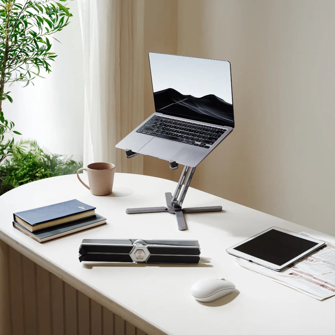 Desk Labs foldable laptop stand holding a laptop on a desk