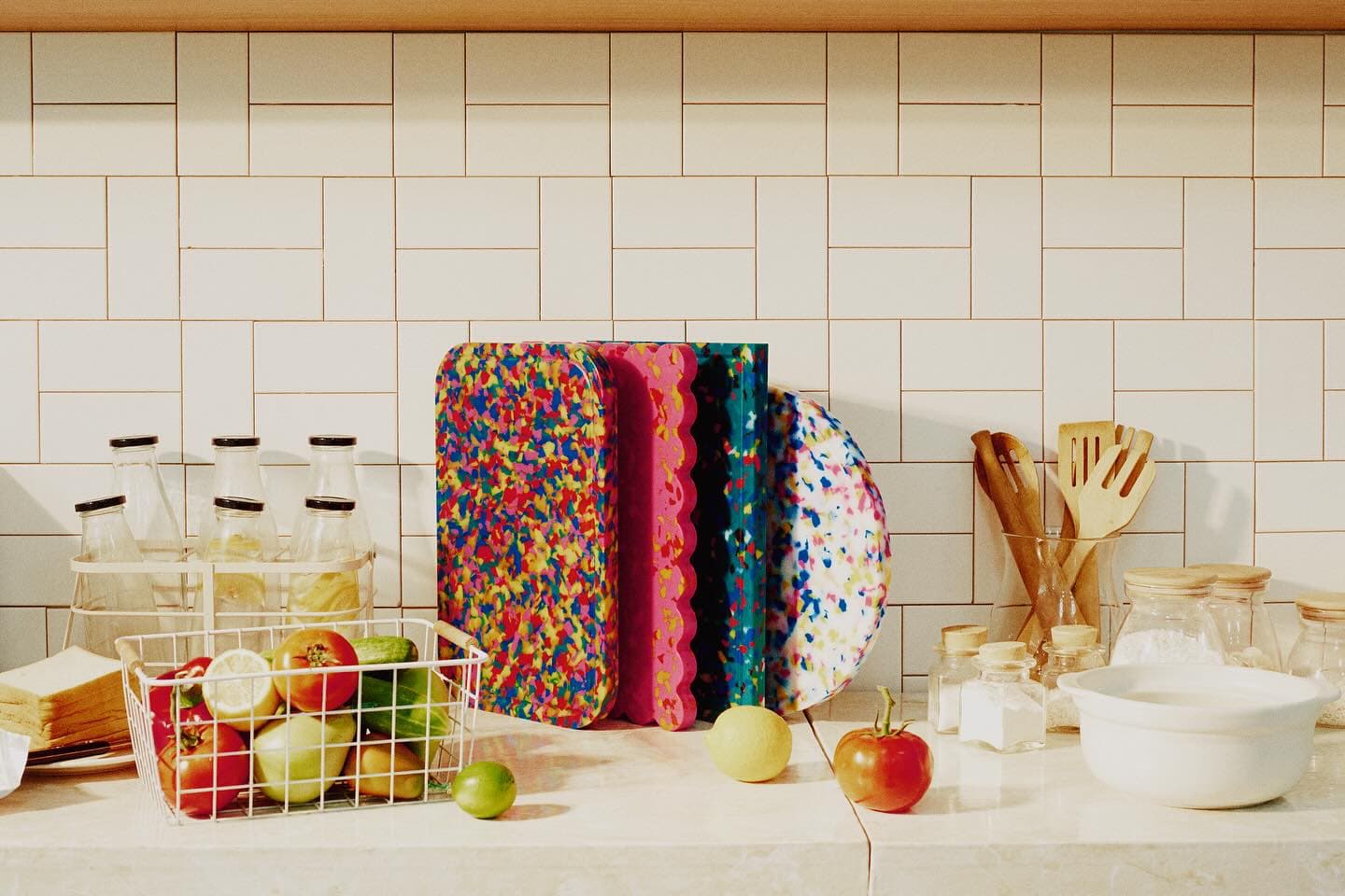 Terrazzo cutting boards styled on a kitchen counter