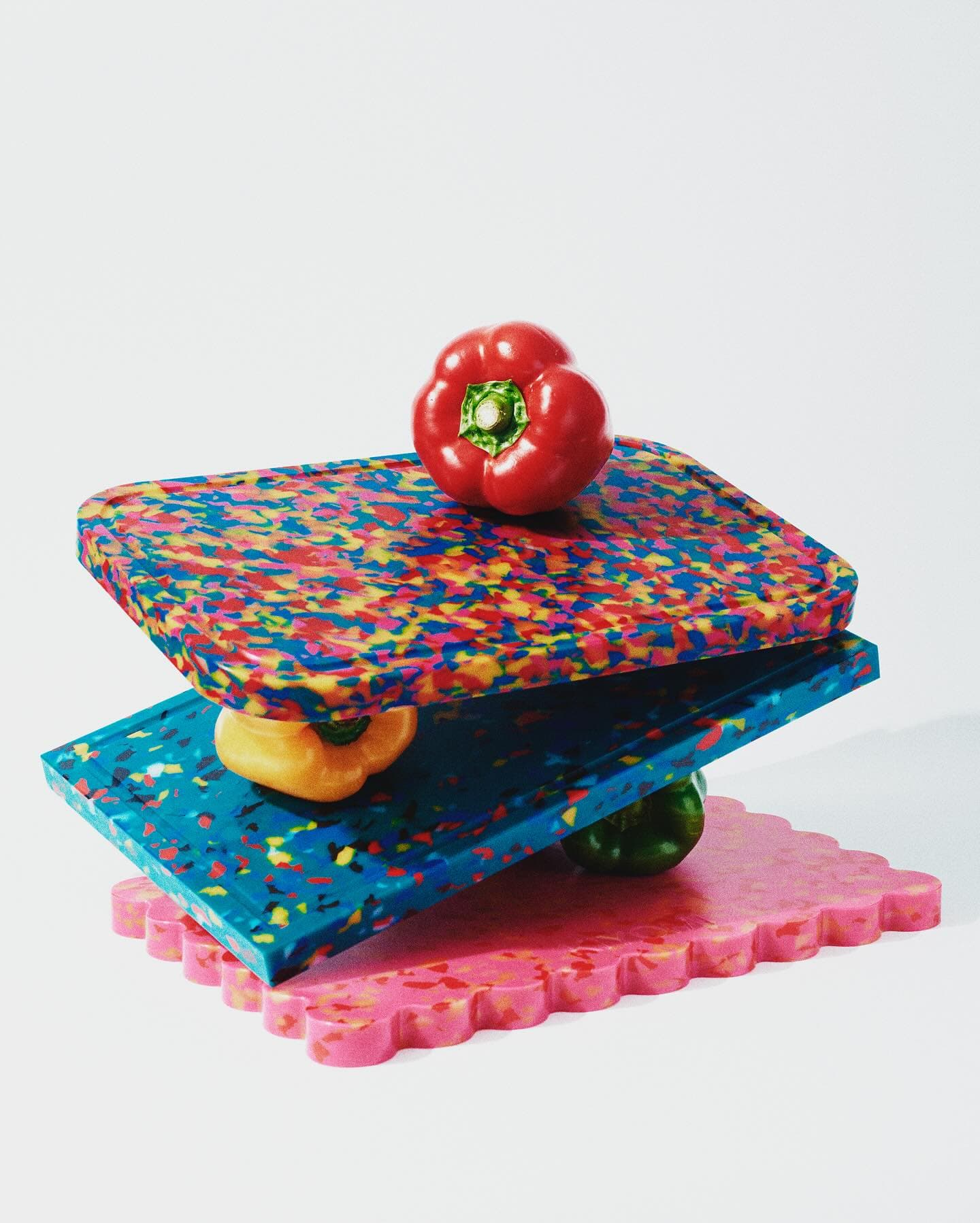 Recycled terrazzo trays styled with peppers