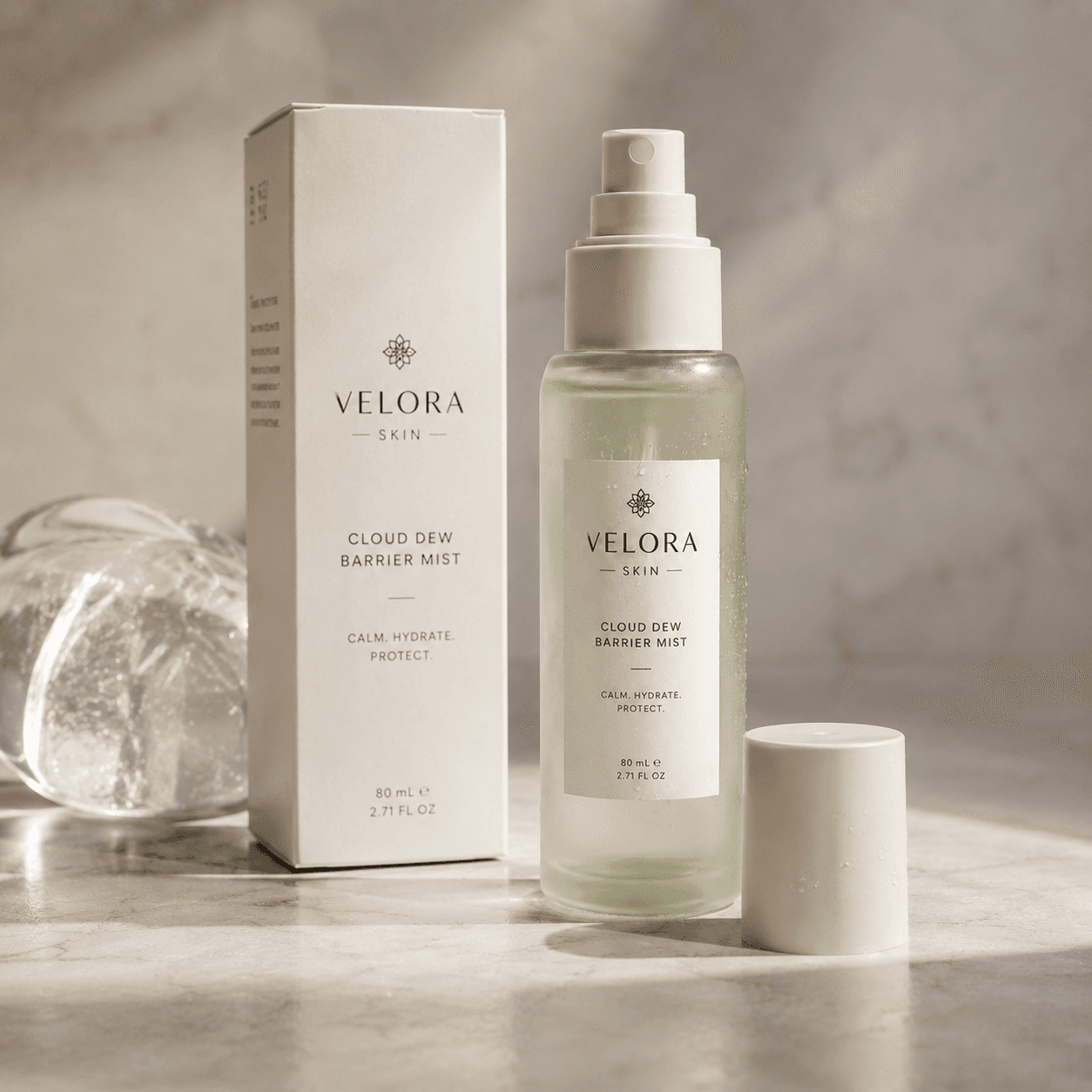 Velora Skin Cloud Dew Barrier Mist bottle beside its carton, packaging product photo