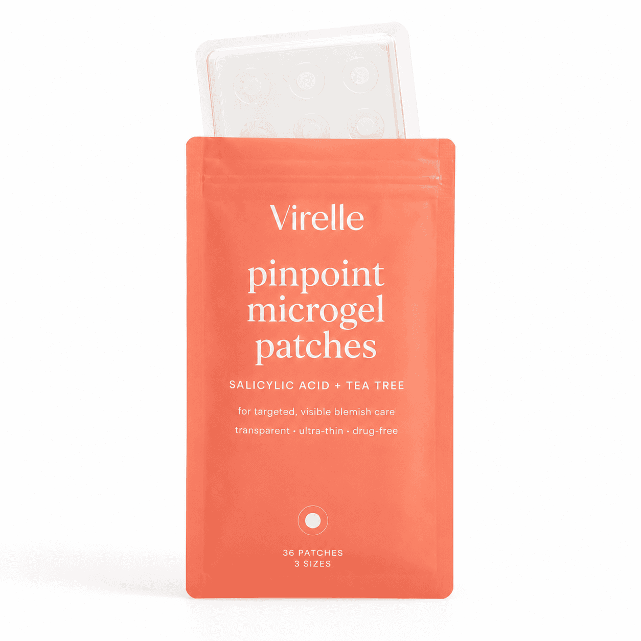 Virelle pinpoint microgel patches pouch and tray on a white background