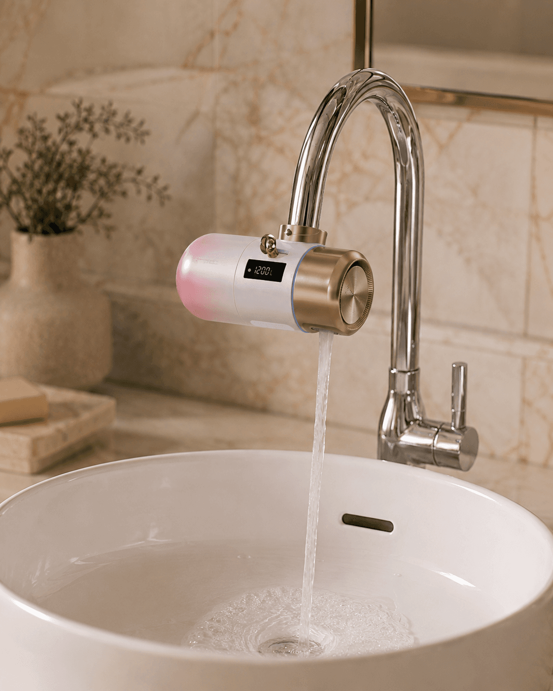 Yoshino faucet water filter mounted on a bathroom tap with water running into the basin