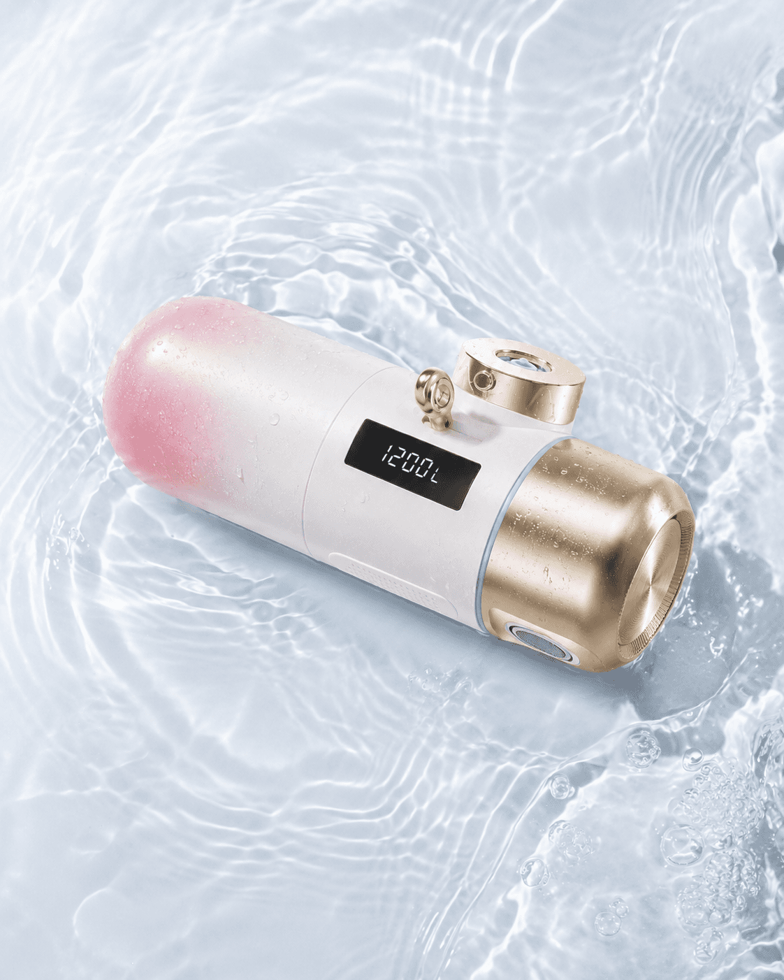 Yoshino faucet water filter photographed in shallow water, overhead creative still life