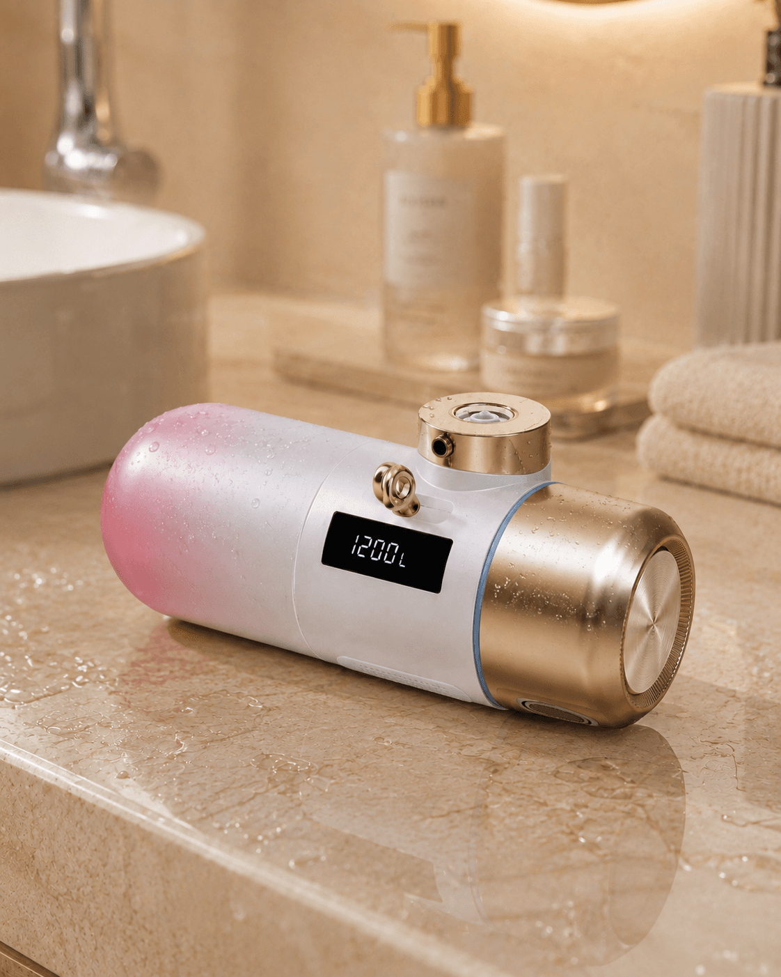 Yoshino faucet water filter styled on a marble bathroom vanity, still-life product photo